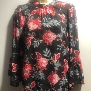 LOFT Red and Silver Blouse with Ruffled Sleeves